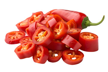Fresh red chili pepper slices and whole pod isolated on white background
