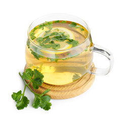 Healthy parsley tea with lemon slice isolated on white. Detox drink