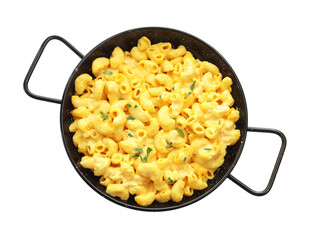 Delicious pasta with cheese sauce isolated on white, top view
