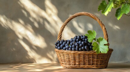 Wicker basket filled with fresh dark grapes, sunlight, and shadows.