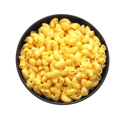 Delicious pasta with cheese sauce in bowl isolated on white, top view