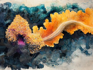 Abstract artwork depicting vibrant, organic forms resembling coral or sea flora in rich orange, yellow, and teal hues against a dark background