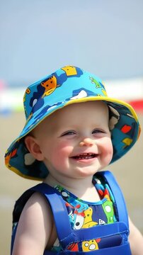 Smiling toddler with a blue printed hat and vest on a sandy beach enjoying the sunshine, portrait, close-up view.
