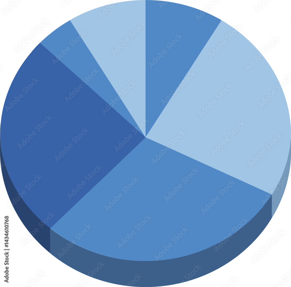Poster blue pie chart infographic with various segments showing data distribution in 3d style vector illust