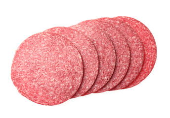 Slices of tasty smoked sausage isolated on white, top view