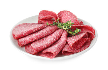 Slices of tasty smoked sausage with thyme isolated on white
