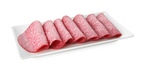 Slices of tasty smoked sausage isolated on white