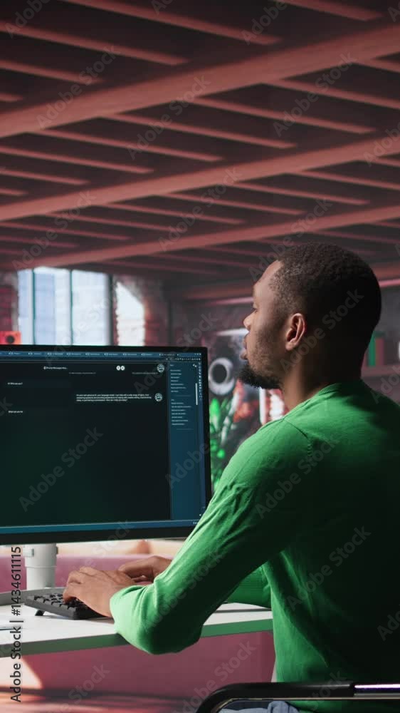 Fototapete vertical video remote worker uses conversational ai bot to help solve daily tasks, chatting with mac