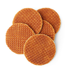 Tasty round waffles isolated on white, top view