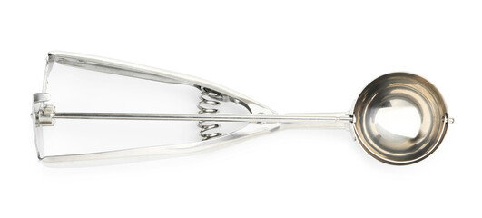 One metal scoop for ice cream isolated on white, top view