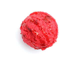 One scoop of delicious ice cream with syrup isolated on white, top view