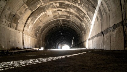 Obraz premium Low-angle photo of a massive, aged concrete tunnel with jagged cracks and a single beam of light leaking through