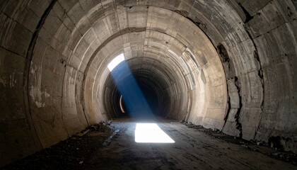 Obraz premium Low-angle photo of a massive, aged concrete tunnel with jagged cracks and a single beam of light leaking through