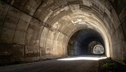 Obraz premium Low-angle photo of a massive, aged concrete tunnel with jagged cracks and a single beam of light leaking through