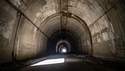 Low-angle photo of a massive, aged concrete tunnel with jagged cracks and a single beam of light leaking through
