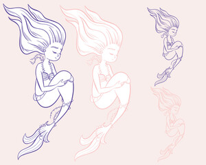 Whimsical cute fairy tale undersea little mermaid in vector with and without outline, children's symbol, logo. Hand drawn illustration pink and blue colors. Sea siren for Kids, element or apparel