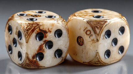 Vintage dice with intricate designs and classic aesthetic details