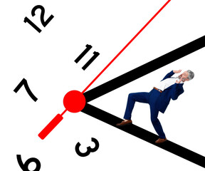 Businessman avoiding hand of clock and numbers on white background. Time management, project deadline, stressful work