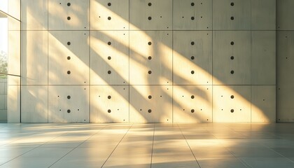 Empty modern interior space, sunlight filtering through