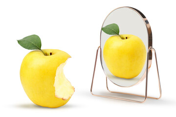 Bitten apple reflecting in mirror as whole, white background. Opposite, contrast, difference