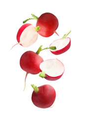Fresh ripe radishes falling on white background