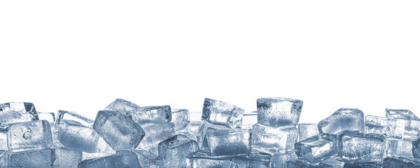 Pile of clear ice cubes on white background