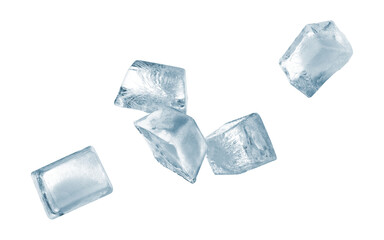 Clear ice cubes flying on white background
