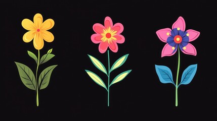 Obraz premium Three abstract flowers in colorful shades for decoration, design element on black
