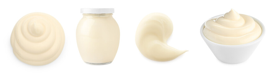 Delicious mayonnaise sauce isolated on white, set