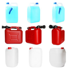 Different plastic canisters isolated on white, collage. View from different sides