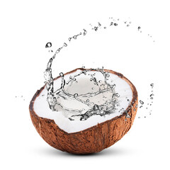 Coconut water splashing out of nut on white background
