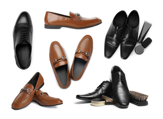 Different men's shoes isolated on white, collage