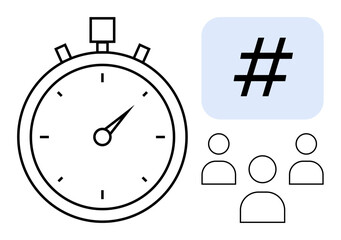 Stopwatch and metadata tag icon emphasize group coordination, trends. Silhouettes imply teamwork, audience engagement. Ideal for productivity, planning, social media, marketing, strategy