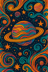 Abstract galaxy,  Colorful Saturn with stars surrounded with waves 