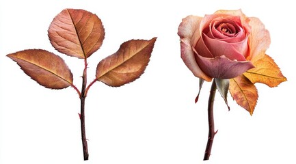 A single pink rose with its stem and leaves isolated on a white background