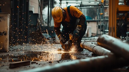 Worker Using Angle Grinder in Industrial Setting
