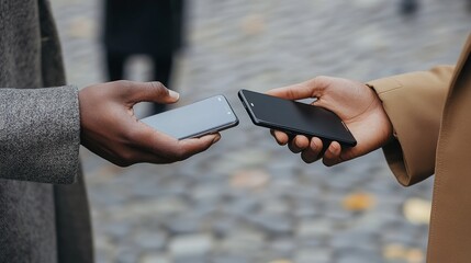 Two People Exchanging Smartphones Modern Technology Digital Devices Wireless Communication Mobile Phones Handheld Gadgets Urban Setting Casual Style  