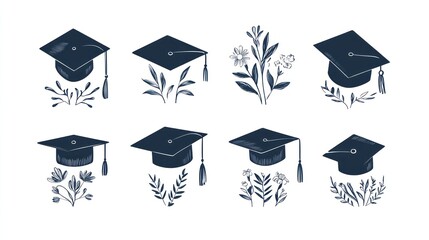 Graduation caps with floral accents, artistic design for invitations and greeting cards