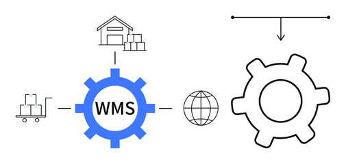 Warehouse gear connected to delivery cart, storage building, globe, abstract process flow. Ideal for logistics, inventory, supply chain, automation planning transport efficiency. Flat simple