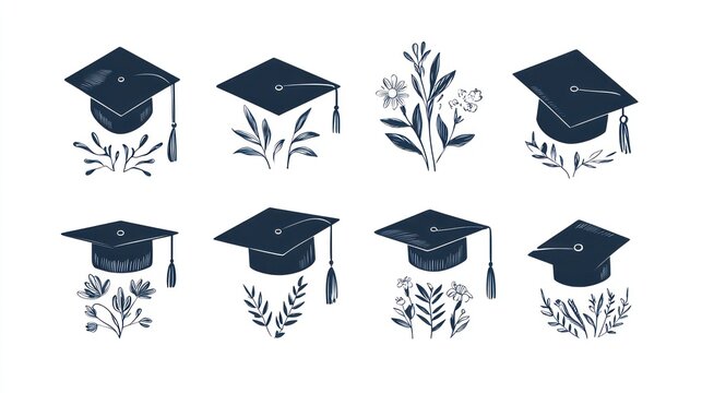 Graduation caps with floral accents, artistic design for invitations and greeting cards