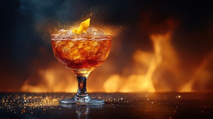 Cocktail drink with ice and garnish against a background of flames.