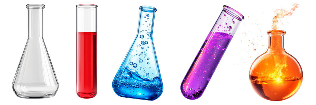 Set of laboratory glassware with colorful liquids isolated on a transparent background. Collection of chemistry beakers, flasks, and test tubes filled with red, blue, purple.