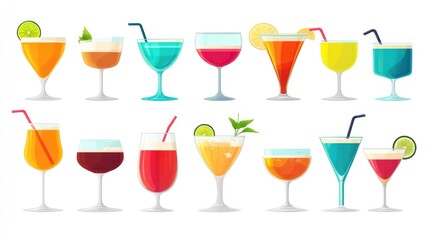 Colorful cocktails on white background for summer, holidays, parties and events