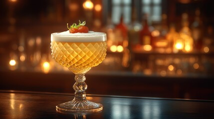 Cocktail in ornate glass with garnish on bar top blurred background.