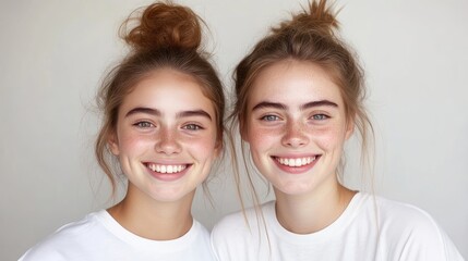Twin Sisters White Shirts Minimalist Style High-Quality Soft Lighting Portrait Close-Up View Natural Makeup Smiling Neutral Background Warm Bright Mood Perfect for Beauty Ads