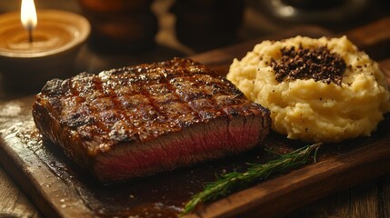 Grilled steak and mashed potatoes on a wooden board with candle light.