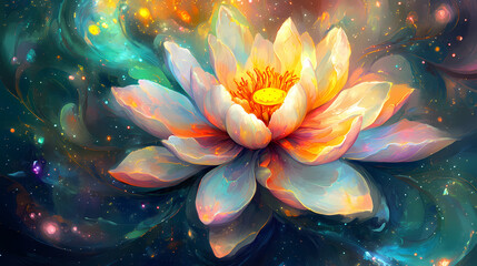 Fototapeta premium Visualize a nebula depicted as a blooming flower in the cosmic garden, with petals of gas clouds spreading in vibrant colors across the space. nebula. illustration. Cosmic Blossom. Illustration
