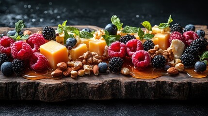 Assorted berries nuts and cheese on a wooden board dark background.
