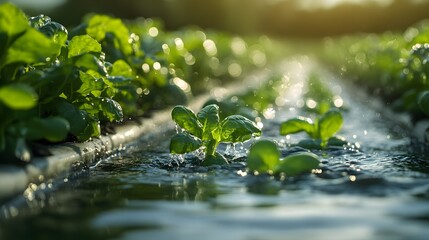 Naklejka premium Lush green seedlings thrive in a shallow waterway, reflecting sunlight in a field setting. Growth and cultivation highlighted. Future Farming Concept Background