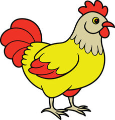 A cute chickens cartoon and her chickens, a brood of yellow poultry, are isolated on a white farm vector illustration with coloring book image